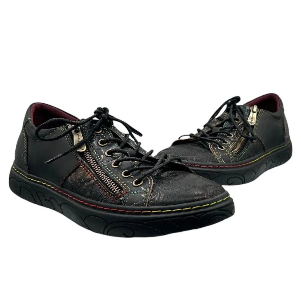 L'Artiste Spring Step Danli-Bloom Floral Black Embossed Leather Sneakers Shoes 7